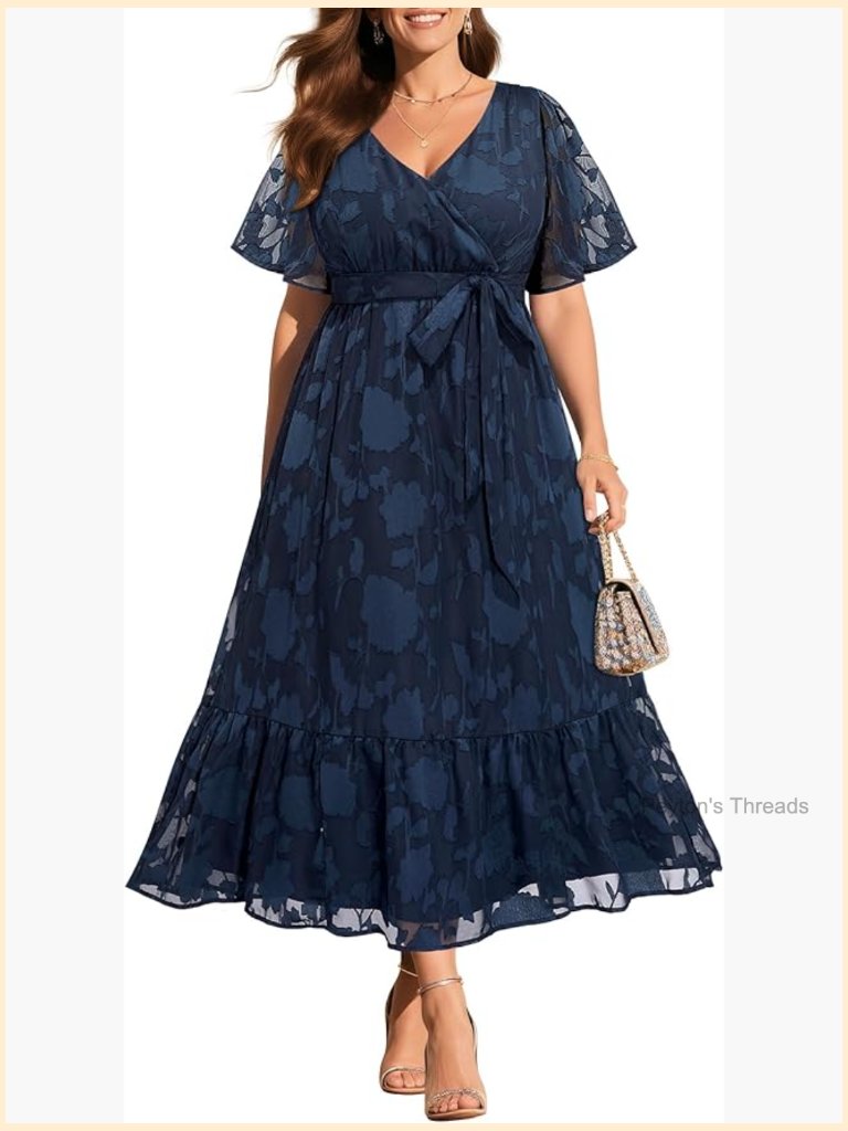 Plus Size Wrap V Neck Flutter Sleeve Maxi Dress - Wedding Guest Cocktail Formal